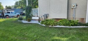 Landscaper walking through front yard towards stone bed. Landscaping on sunny day planting shrubs and flowers.