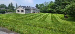 Workers mowing large lawn on sunny day.